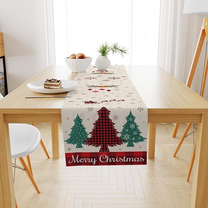 OHOME Christmas Decorations - Christmas Table Runner | Xmas Tree Santa Elk Decorations Holiday Navidad Party Favors Decor Supplies Backdrop Indoor Outdoor for Kitchen Home Office