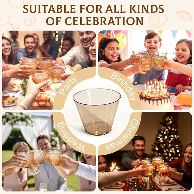 9 oz Clear Plastic Cups Brown Plastic Disposable Cups for Cocktail 50 Pack Fancy Cocktail Cup for Party Stemless Wine Glasses for Party Wedding Graduation Birthday Father's Day
