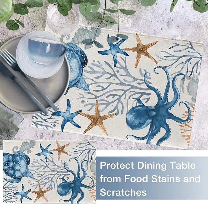 Seliem Spring Summer Octopus Turtle Starfish Coral Placemats Set of 4, Coastal Sea Horse Creature Dining Table Place Mats, Nautical Beach Seasonal Kitchen Decor Home Decoration 12 x 18 Inch
