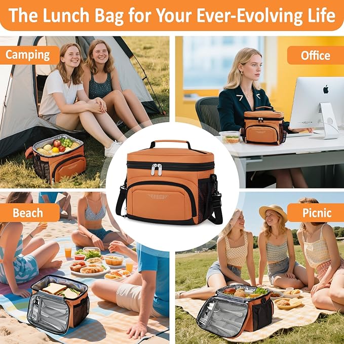 Vankor Insulated Lunch Bag for Men Women, Reusable Lunch Box Leakproof Cooler Lunch Tote Bag with Adjustable Shoulder Strap for Work Office Picnic Beach Travel, Orange