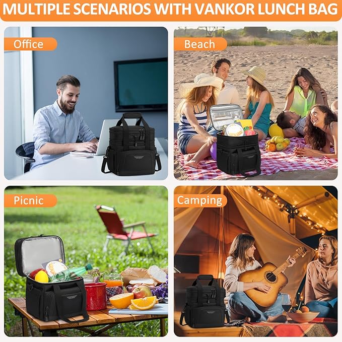 Vankor Lunch Box for Men Women, Large Double Layer Insulated Lunch Bag Tote Expandable Leakproof Waterproof Cooler Bag with Adjustable Shoulder Strap for Work Office Picnic Travel, Black