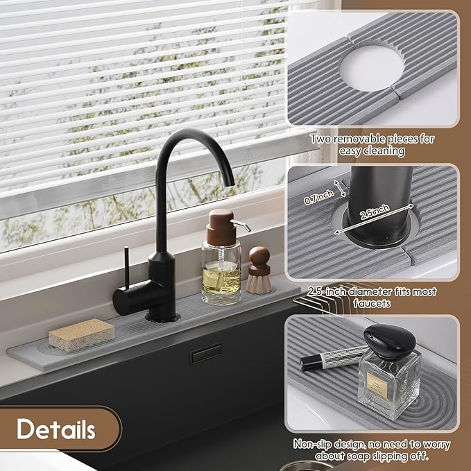 Faucet Mat for Kitchen Sink, Diatomite Quick Drying Tray , Long 23.6'' Kitchen Sink Splash Guard and Bathroom Stone Tray for Counter. Super Absorben.Light Grey.
