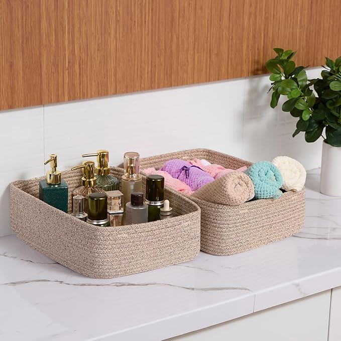 MiniArk Large Shallow Organizing Baskets 15x11x5.1 Inches - Rope Woven Storage Bins for Bathroom, Shelves, Cube Closet, Mixed Brown 4 Packs