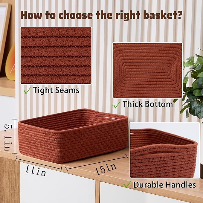 MiniArk Large Shallow Organizing Baskets 15x11x5.1 Inches - Rope Woven Storage Bins for Bathroom, Shelves, Cube Closet, Red 2 Packs