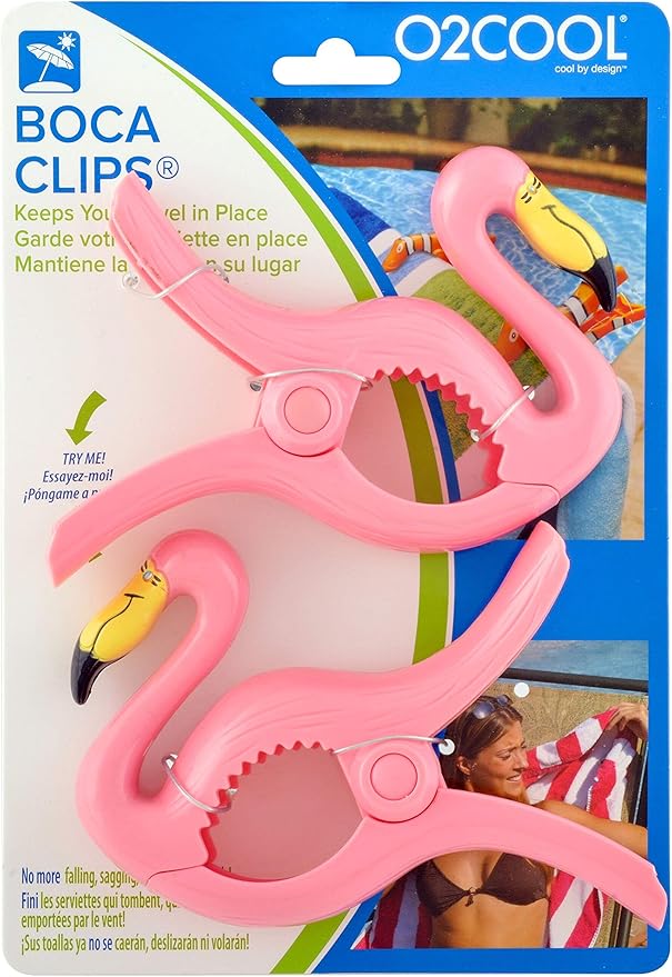O2COOL Bocaclips - Beach Towel Clips for Beach Chairs, Patio and Pool Accessories - (Flamingo) 2 Count