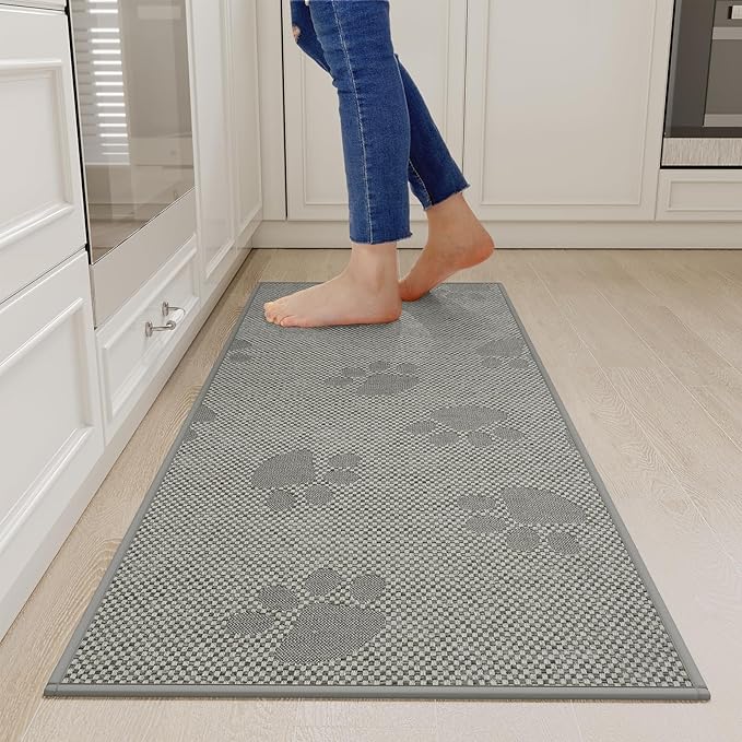 Kitchen Mats for Floor, Super Absorbent Kitchen Rugs Non Slip Washable, Rubber Backing Soft Woven Linen Embroidery Runner Rug, Standing Mat Kitchen Sink Mat, Easy to Clean, Gray 17x47