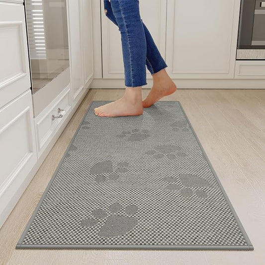 Kitchen Mats for Floor, Super Absorbent Kitchen Rugs Non Slip Washable, Rubber Backing Soft Woven Linen Embroidery Runner Rug, Standing Mat Kitchen Sink Mat, Easy to Clean, Gray 17x47