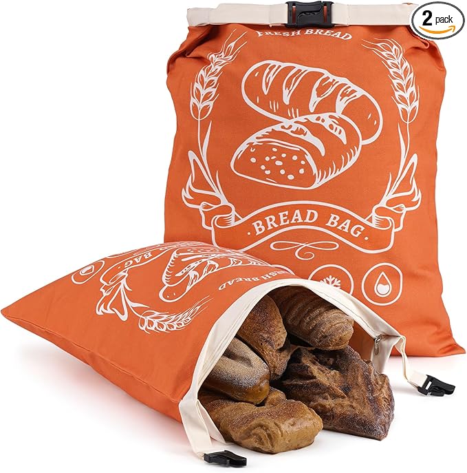 2 Pack Beeswax Bread Bags with Zipper, XL(13x17in) Sourdough Bread Storage for Homemade, Freezer Storage Bag to Keep Fresh, Cotton Beeswax Container, Baguette Bag with Liner, Kitchen Baking (Orange)
