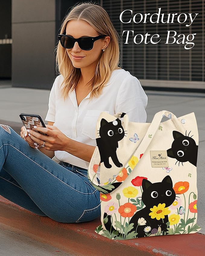 Miss Adola Corduroy Tote Bag for Women - Reusable Totes with Magnetic Buckle & Pocket Aesthetic Design Work Grocery Bags