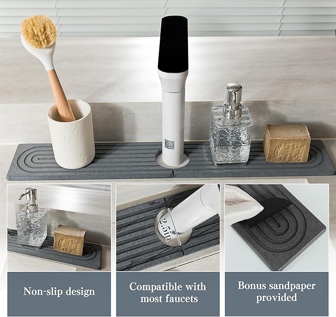 Stone Faucet Mat for Kitchen Sink, Quick Drying Mats, Water Absorbing Guard & Sink Protectors, Diatomite Bathroom Counter Tray, Kitchen Decor Home Accessories - Dark Grey, Small, 15.8''x4''