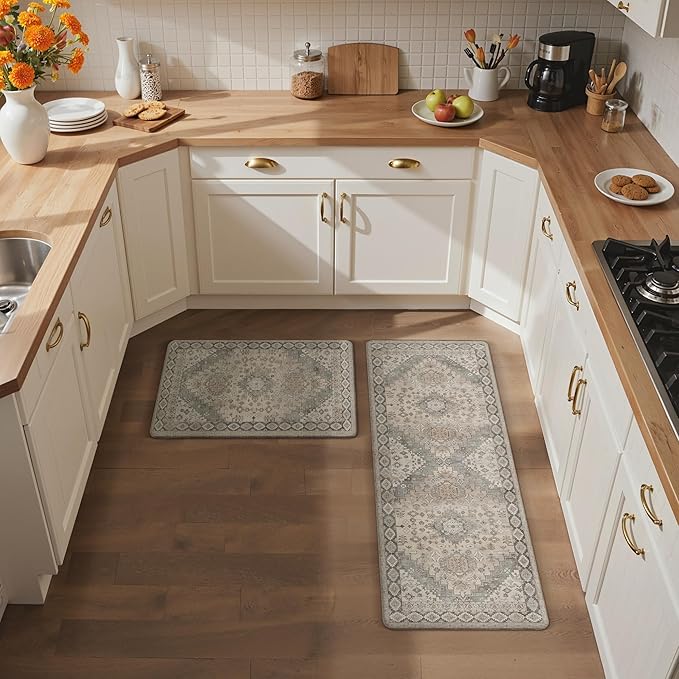 GENIMO Kitchen Mats for Floor, 2PCS Kitchen Rugs Non Slip Washable, Waterproof Anti Fatigue Mat, Comfort Standing Runner Rug for Sink, Office, Laundry, Home, 17.3"x47"+17.3"x30", Blush Camel