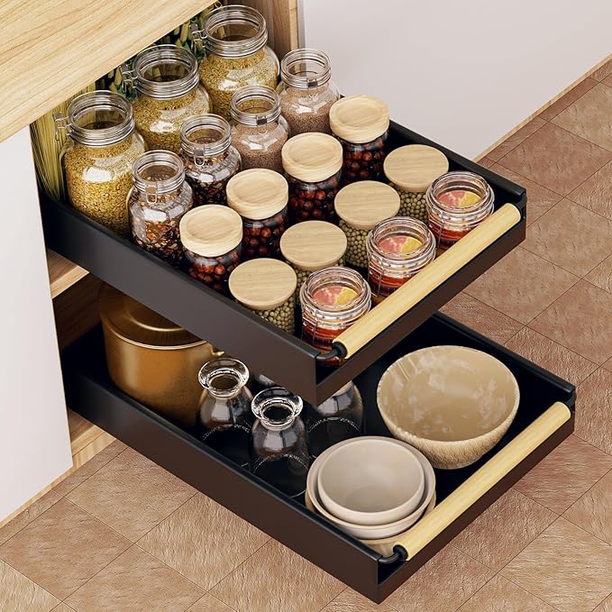 2 Pack Pull out Cabinet Organizer, 16" Deep Pull Out Drawer for Kitchen Cabinets Adhesive with Nano Film, Slide out Cabinet Organizer Shelf for Pantry Bathroom Organization Black