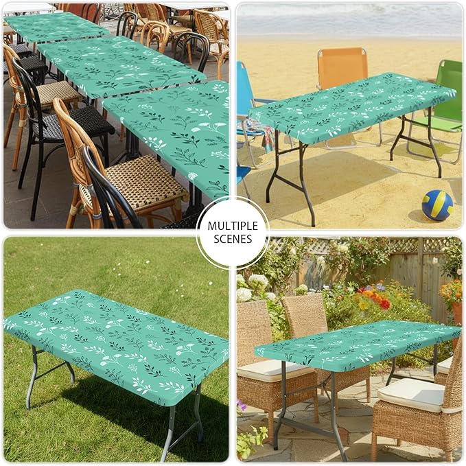 Smiry Spandex Fitted Tablecloth for 8 Foot Rectangle Tables, Washable Picnic Table Cover with Elastic, Stretch Reusable Table Cloth for Outdoor, Camping, Dining & Kitchen (Sage Green Leaf, 30"x96")