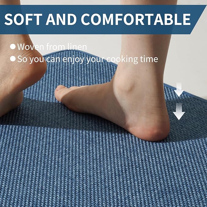 Kitchen Mats for Floor, Super Absorbent Kitchen Rugs Non Slip Washable, Soft Imitation Linen Braided Kitchen Runner Rug, Standing Mat Kitchens Sink Mat, Easy to Clean, Blue 17x30