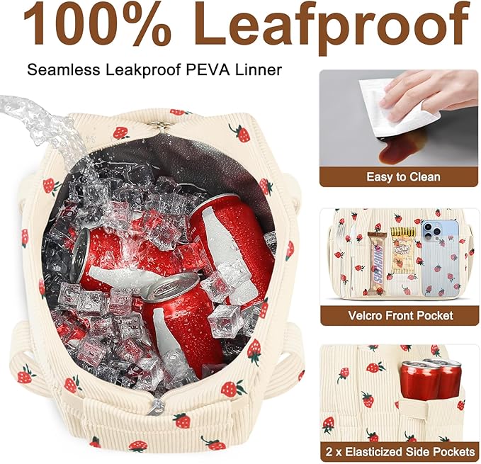 KUBYA Corduroy Lunch Box Lunch Bag for Women Men, Cute Strawberry Small Insulated Reusable Work Leakproof Simple Lunch Boxes Tote Bag Adults Cooler Bag