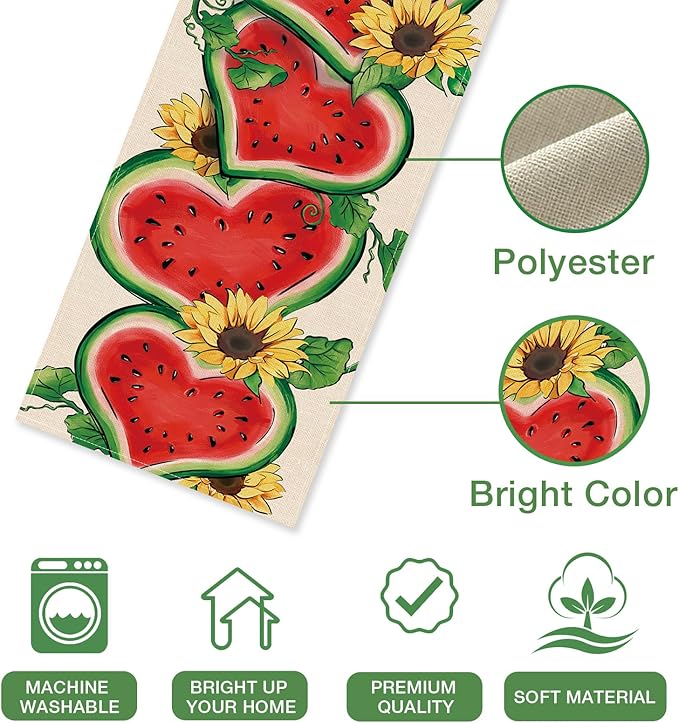 Seliem Summer Watermelon Table Runner, Love Heart Melon Fruit Sunflower Kitchen Dining Table Decor, Seasonal Burlap Home Decoration Indoor Outdoor Party Supply 13 x 36 Inch