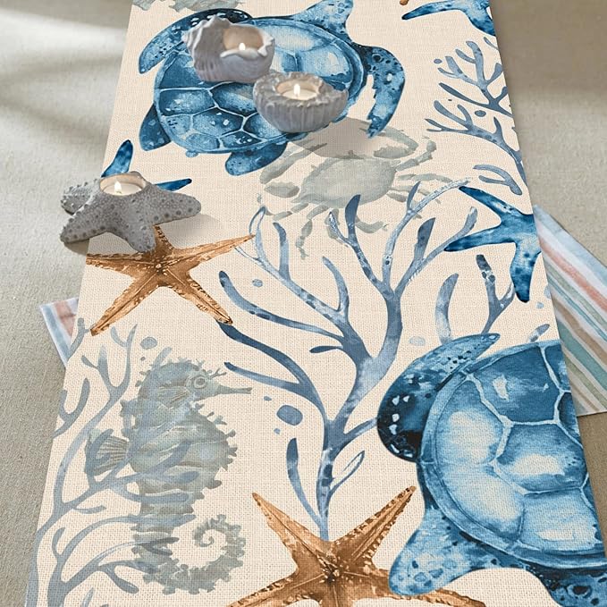 Seliem Summer Octopus Turtle Starfish Coral Coastal Table Runner, Under The Sea Home Kitchen Dining Teal Marine Life Decor, Ocean Creature Nautical Beach Decorations Indoor Outdoor Party Supply 13x60