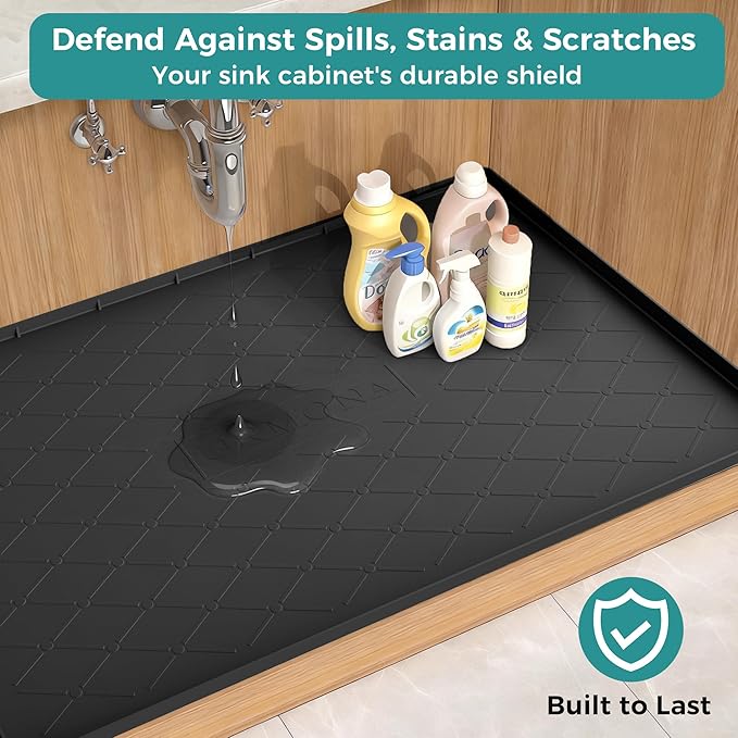 URMONA 28" x 22" Waterproof Silicone Mat in Multiple Sizes & Colors, Under Sink Mat for Kitchen & Bathroom, Pet Food Pad for Dogs & Cats, Kitchen Cabinet Liner, Multi-Purpose for Storage(Beige)