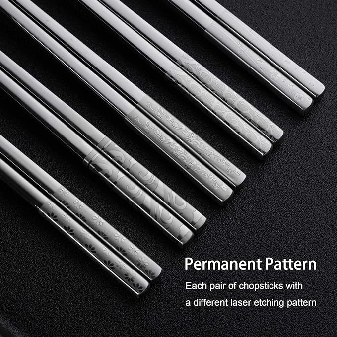 Metal Chopsticks Reusable 316 Stainless Steel Chopsticks Multipack Dishwasher Safe Chop Sticks Square Fancy Laser Engraved Non-slip Korean Chopstick for Cooking Eating 9.45 Inches 5 Pairs Gift Set