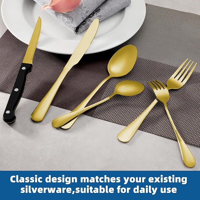 Gold Steak Knives Set of 8, Sharp Triple Rivet Steak Knife, High-Carbon Stainless Steel Serrated Blades, Ergonomic Handles Serrated Steak Knives, Dinner Knife for Kitchen Restaurant, Dishwasher Safe