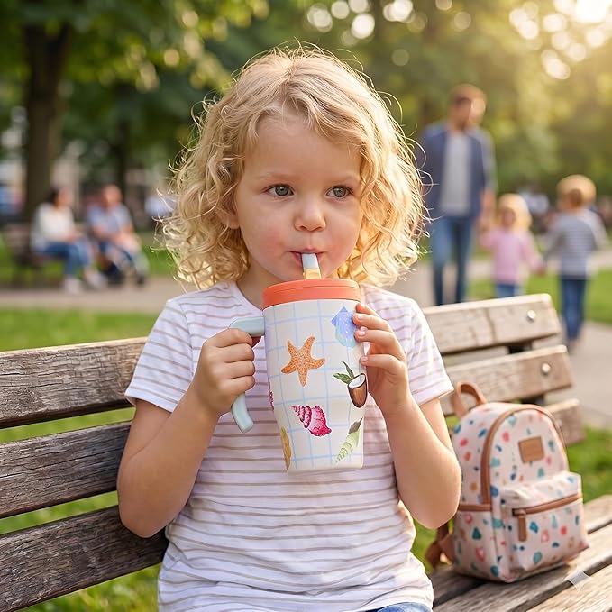 Fijinhom 18 oz Toddler Tumbler with Handle, Stainless Steel Insulated Water Bottle Coffee Mug with Straw, Toddler Cups, Kids Water Bottle for School, Sports, Travel, Coast