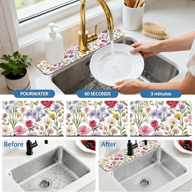 2 Pcs Kitchen Sink Splash Guard Faucet Mats Colorful Watercolor Flowers and Plants Pattern Faucet Mat for Sinks Absorbing Drying Mat for Kitchen Bathroom, 23.6x5.5inch