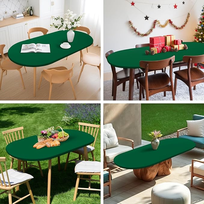 NEWISHER Fitted Oval Tablecloth 42 x 60 Inch Elastic Table Cloth, Stretch Spandex Table Cover Green Washable Polyester Top Cap Cover for Dining Picnic Camping Indoor and Outdoor