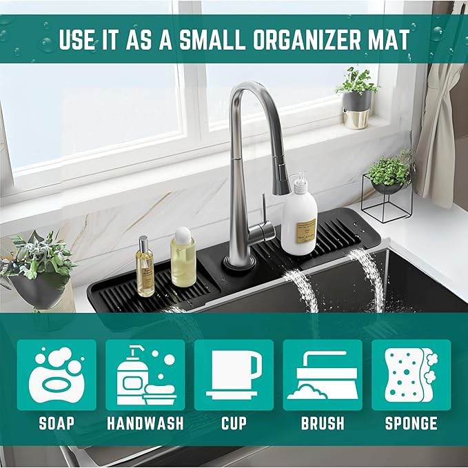 Faucet Mat for Kitchen Sink - Kitchen Sink Splash Guard with FREE Rubber Drain Insert - 18 Inch Faucet Guard Draining Mat, Faucet Mat Dish Soap Holder