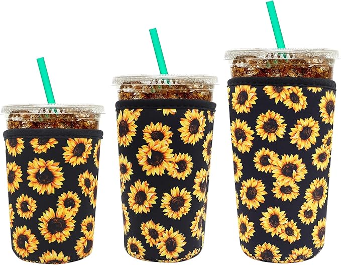 YR Reusable Neoprene Insulator Sleeve for Iced Coffee Cups, 3 Pack Coffee Coolies sleeves for Iced & Hot Drinks, Cold Beverage Cooler Compatible with Starbucks Coffee and More (Sunflower)