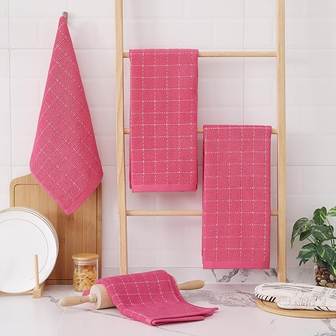 Homaxy 100% Cotton Terry Kitchen Towels(Rose Red, 13 x 28 inches), Checkered Designed, Soft and Super Absorbent Dish Towels, 8 Pack