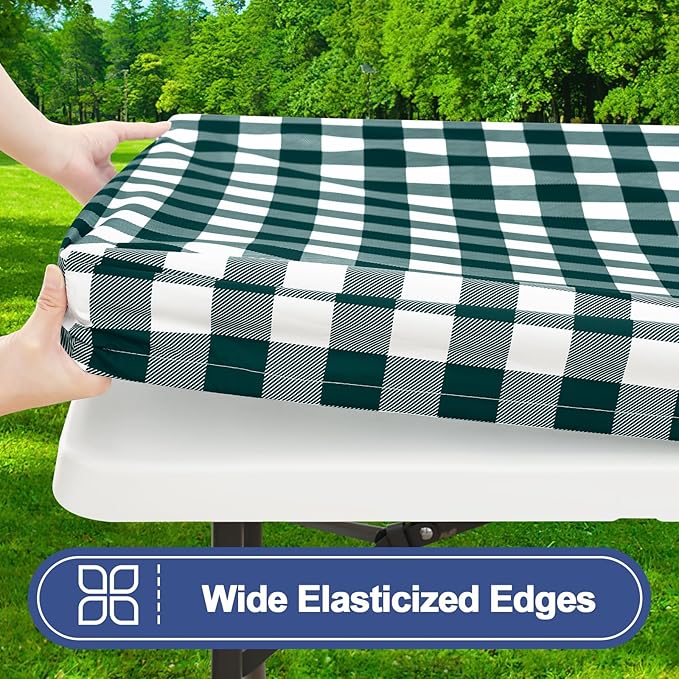 Smiry Picnic Table Cloth 2 Pack, Waterproof Elastic Fitted Tablecloths for 6FT Rectangle Tables, Washable Polyester Buffalo Plaid Tablecloth for Camping & Outdoor (Emerald Green & White, 30" x 72")
