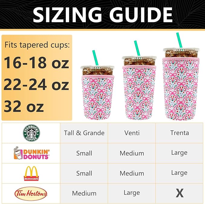 YR Reusable Neoprene Insulator Sleeve for Iced Coffee Cups, 3 Pack Coffee Coolies sleeves for Iced & Hot Drinks, Cold Beverage Cooler Compatible with Starbucks Coffee and More (Pink Bows)