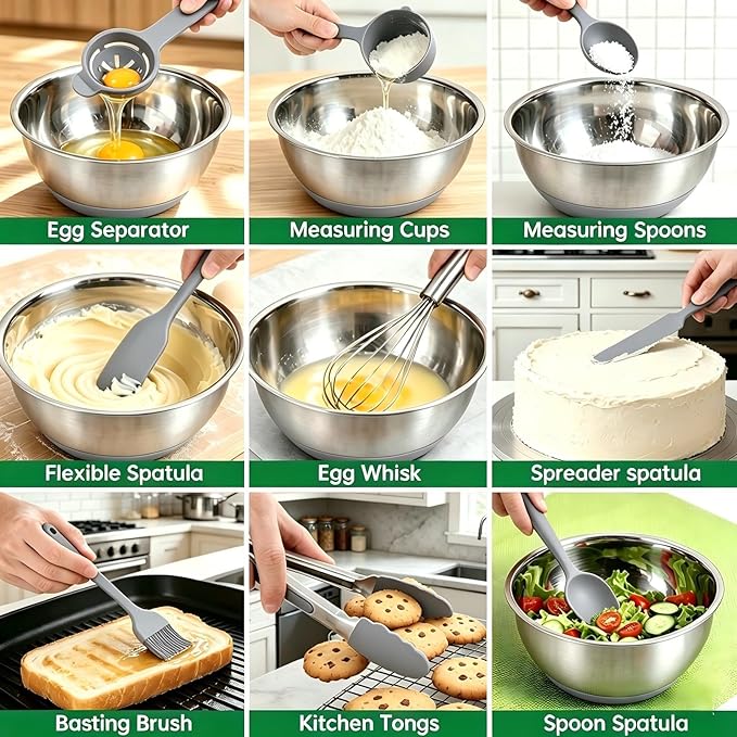 Deedro Premium Mixing Bowls with Airtight Lids Set, 22Pcs Thicker Stainless Steel Mixing Bowl Set, Large Prep Metal Bowls, Non-Slip Silicone Base Nesting Bowls for Kitchen, 1.5/2/3/4/5 QT, Gray