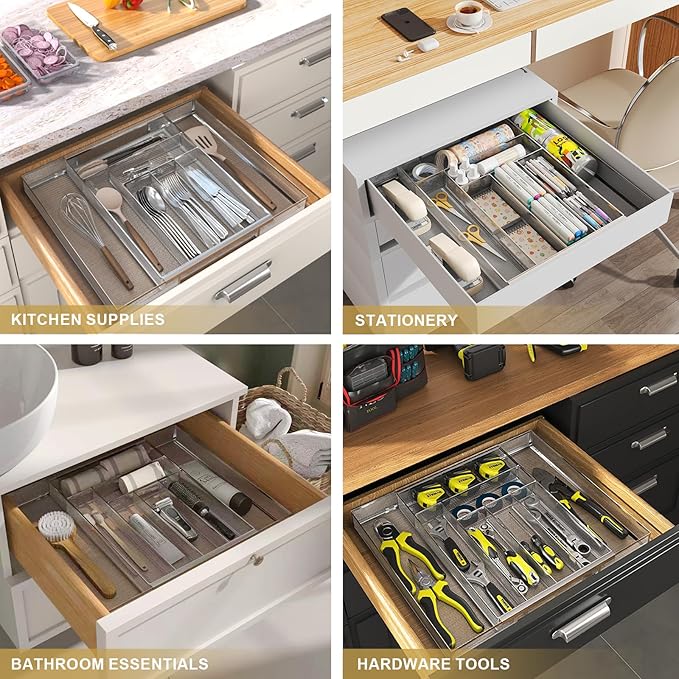 Silverware Organizer Metal Mesh, Large Drawer Organizer, Utensil Cutlery Tray for kitchen drawers, Expandable Flatware Organizer with 8 Compartment Silver 11.6"~20" x 17.3"