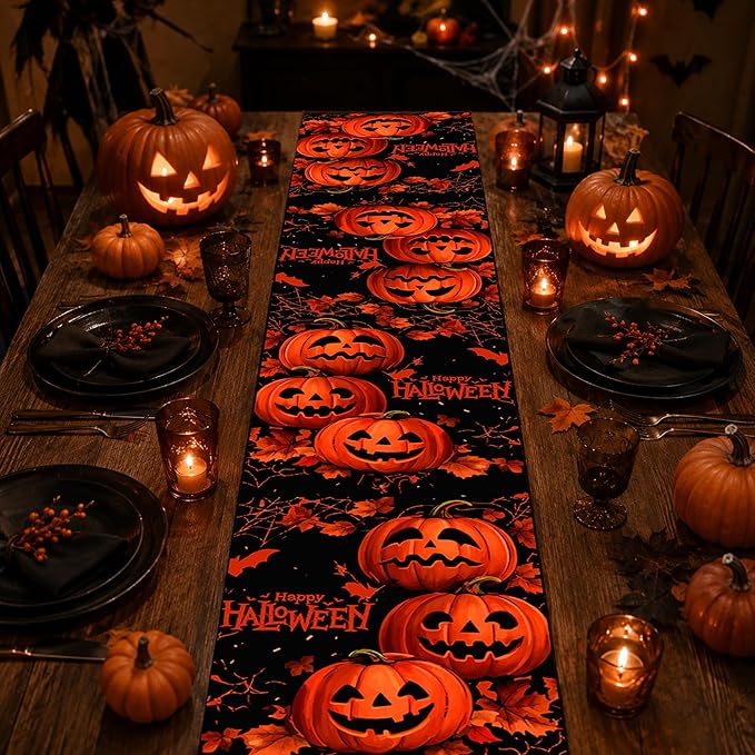 OHOME Halloween Decorations - Happy Halloween Pumpkin Table Runner | Halloween Party Favors Supplies Backdrop for Indoor Outdoor | Halloween Decor Tablecloth for Home Office Dining Kitchen