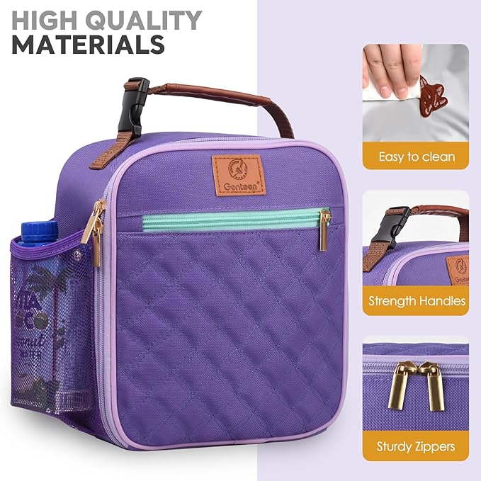 Genteen Lunch Bag for Women Men Girls Teens Insulated Leakproof LunchBox for Adult Reusable Lunch Box with Bottle Holder for Work Office School Travel Picnic-Purple/Gray