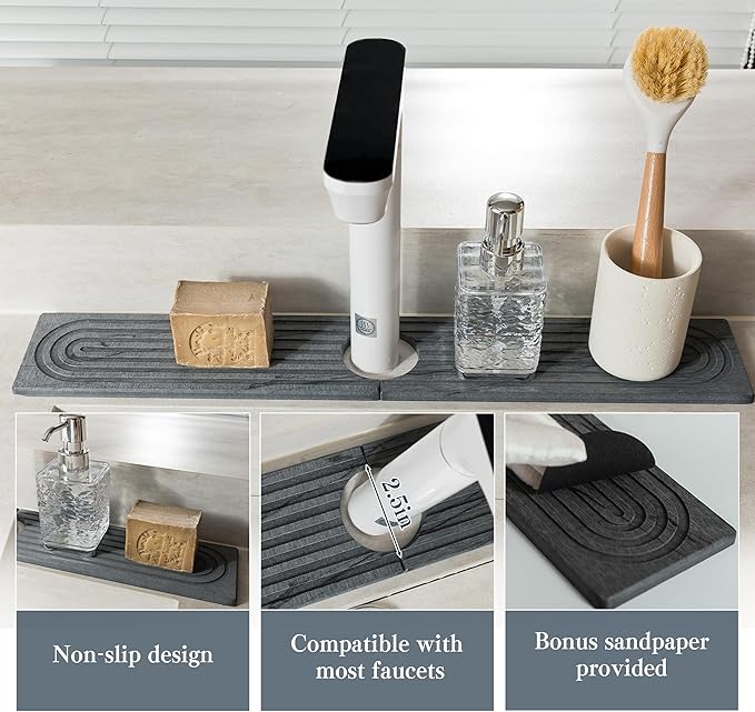 Stone Faucet Mat for Kitchen Sink, Quick Drying Mats, Water Absorbing Guard & Sink Protectors, Diatomite Bathroom Counter Tray, Kitchen Decor Home Accessories - Marble Dark Grey, 15.8''x4''