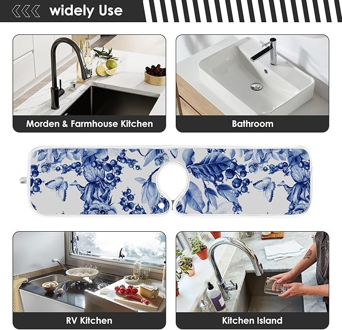 Sink Mat for Faucet Sink Splash Guard Faucet Handle Drip Catcher for Kitchen Bathroom Absorbent Microfiber Dish Drying Mat Blue and White 2pcs