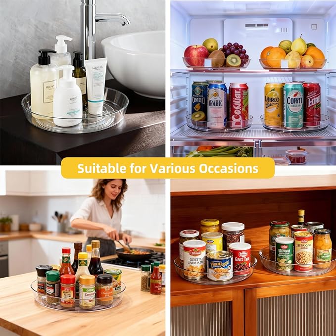 4 Pack Lazy Susan 10 inch Turntable for Spice Organization | Clear BPA-Free Plastic Rotating Organizer for Kitchen Cabinet, Pantry, Countertop, Fridge | 360-Degree Rotating Base