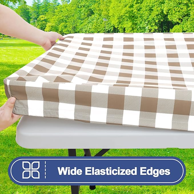 Smiry Picnic Table Cloth 2 Pack, Waterproof Elastic Fitted Tablecloths for 6FT Rectangle Tables, Washable Polyester Buffalo Plaid Tablecloth for Camping, Dining & Outdoor (Khaki & White, 30" x 72")