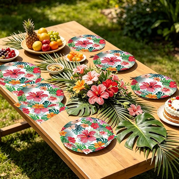 50PCS Hawaiian Luau Paper Plates and Napkins Party Decorations, 7inch Disposable Tropical Dessert Plates Summer Napkins Palm Leaves Hibiscus Tableware Set Aloha Party Supplies for Hawaii Summer