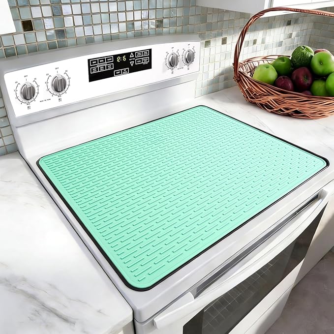 LONGKING Stove Top Cover for Electric Stove - Silicone Stove Mat for Glass Top Stove, Glass Cooktop Protector, Dish Drying Mats For Kitchen, Range Covers for Electric Stove (Aqua, 28 x 20)