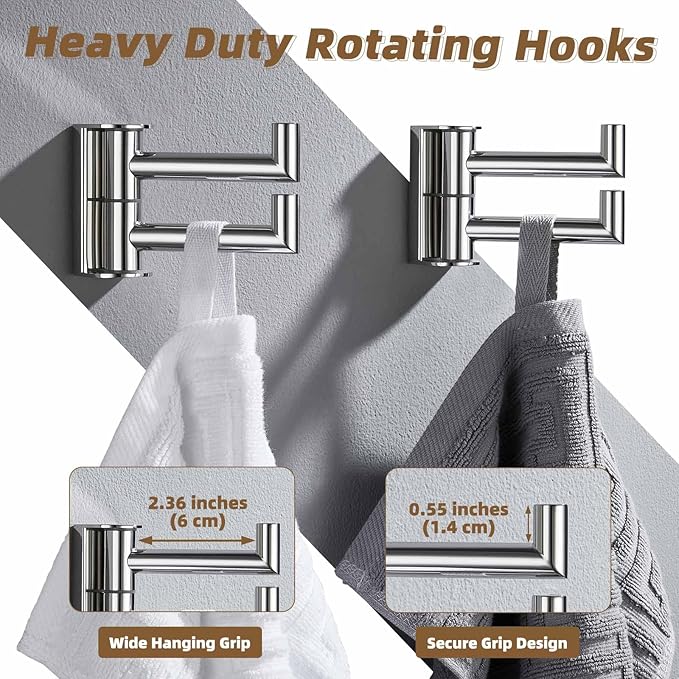 APLusee Swivel Towel Hook Polished Chrome 2 Pack, 304 Stainless Steel Bathroom Robe Hook Towel Holder, Folding Wall Hook Wall Mounted