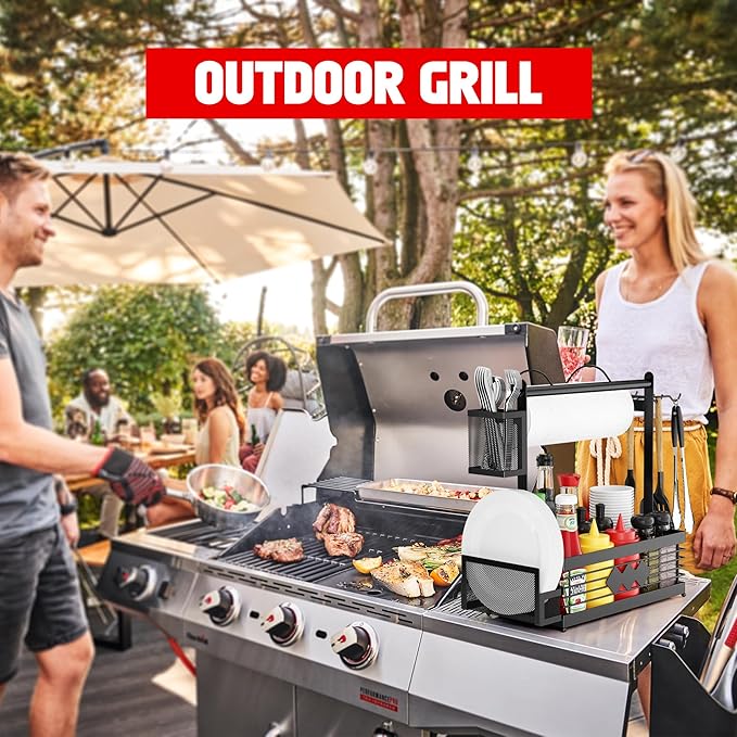 Grill Caddy for Outdoor Grill, BBQ Caddy with Camping Paper Towel Holder and Plate Holder, Picnic Utensil Condiment Kitchen Organizer for Camper, RV Patio Tailgate Essentials, Grilling Gifts for Men