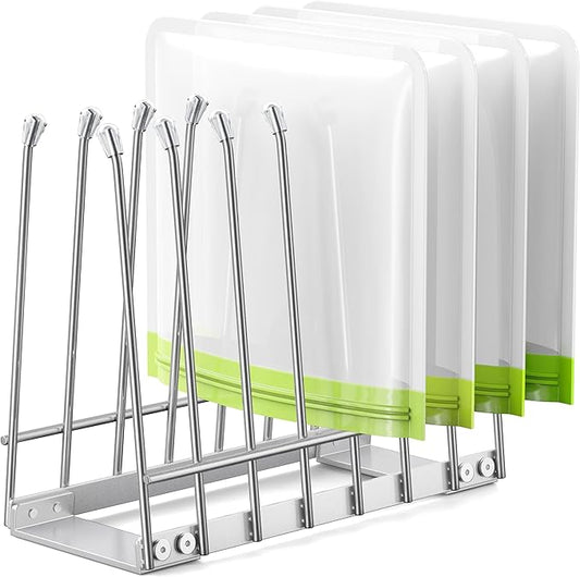 Plastic Bag Drying Rack, Metal Reusable Silicone Ziplock Bag & Bottle Drying Stand, Lerine Drying Rack Kitchen Organizer, Silver