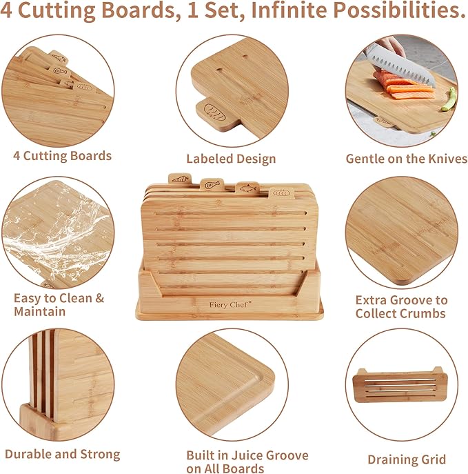 12.6"L x 9"W Bamboo Cutting Board Set of 4 - Wood Cutting Board Set with Holder, Chopping Boards Set with Food Icons, Juice Groove - Ideal for Meat, Fish, Bread, Vegetable, Fruit Chopping