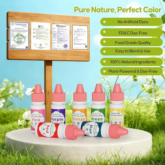 Natural Food Coloring Kit - 7 Colors Dye Free Natural Food Dye, FD&C Artificial Dye Free Liquid Food Coloring for Baking, Cake Decorating, Frosting, Easter Eggs, Fondant & Cookies, 6ml (0.25 fl oz)