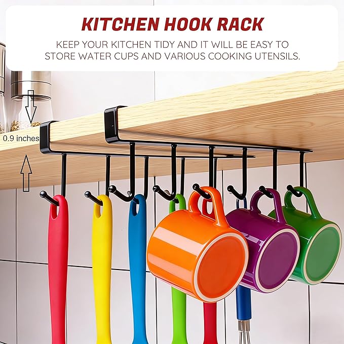 Adhesive Mug Holder Under Cabinet No Drilling Clip-On Cooking Utensil Holder with 6 Kitchen Hooks Space Saving Utensil Holder for Kitchen Counter Wall Hooks for Hanging Spatula Spoon Towel