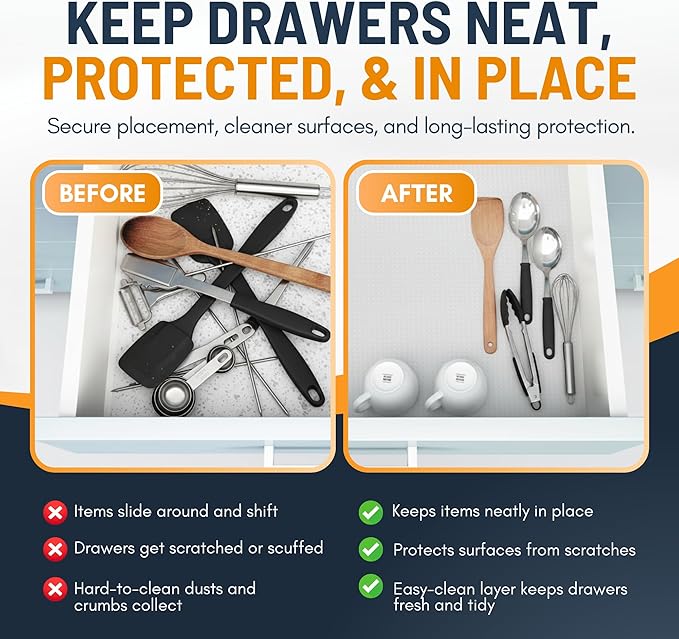 Shelf Liner Drawer Liner for Kitchen Cabinets Non-Adhesive by Linda’s Essentials (17.7 x 240 Inches) - Non-Slip Easy Clean Kitchen Cabinet and Cupboard Protector, Waterproof Mat, Clear Roll