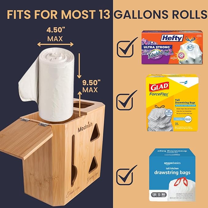 Bamboo Trash Bag Holder 2-in-1 | Trash Bag Dispenser Grocery Bag Organizer | 100% Natural Bamboo Wall Mount Countertop Holder | Trash Bag Organizer Space-Saving Eco-Friendly Storage Solution